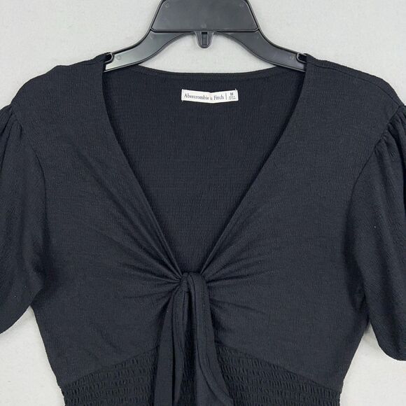 Abercrombie Fitch Shirt Womens Medium Black Puff Sleeve Smocked Crop Top Cottage - Picture 2 of 11